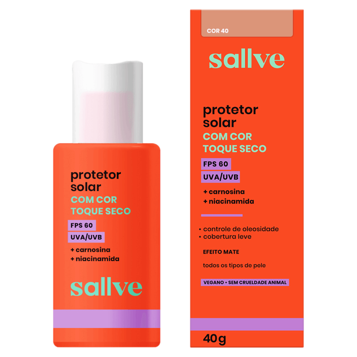 Protetor Solar Facial Sallve Toque Seco com Cor 40 FPS 60 - 40g