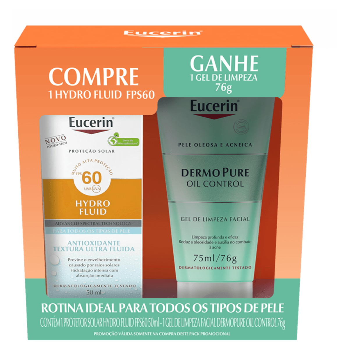 Kit Eucerin Protetor Solar Facial Hydro Fluid FPS 60 50ml + Gel de Limpeza Profunda Dermo Pure Oil Control 75ml