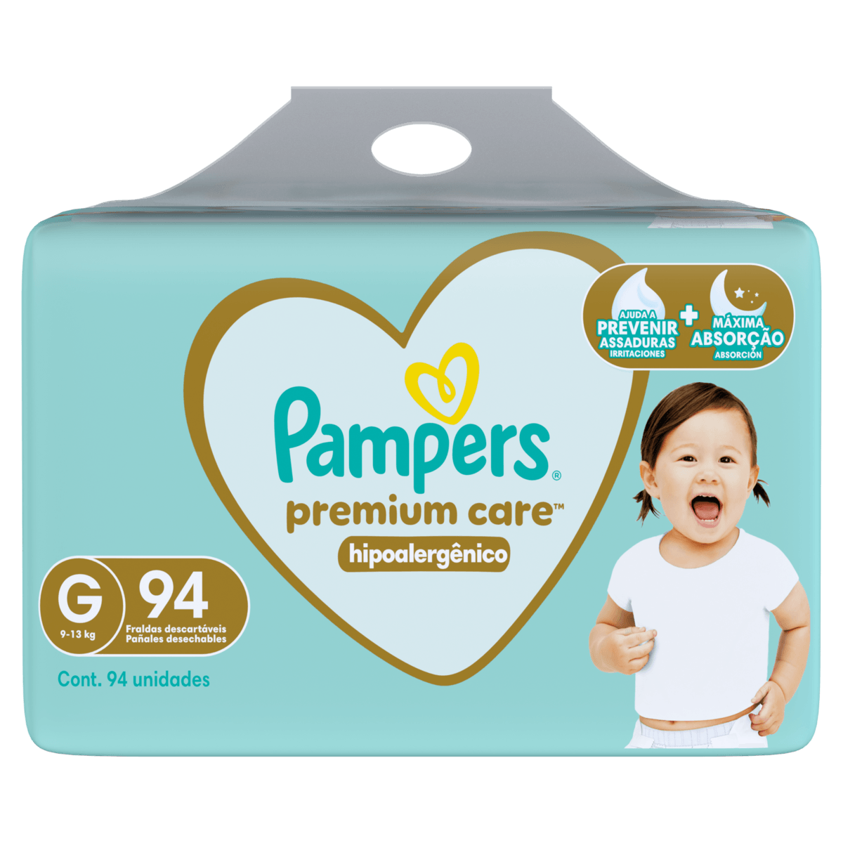 Pampers Fralda Descartável Premium Care G 9-13kg 94un Hipoalergênica Aloe Vera 12h