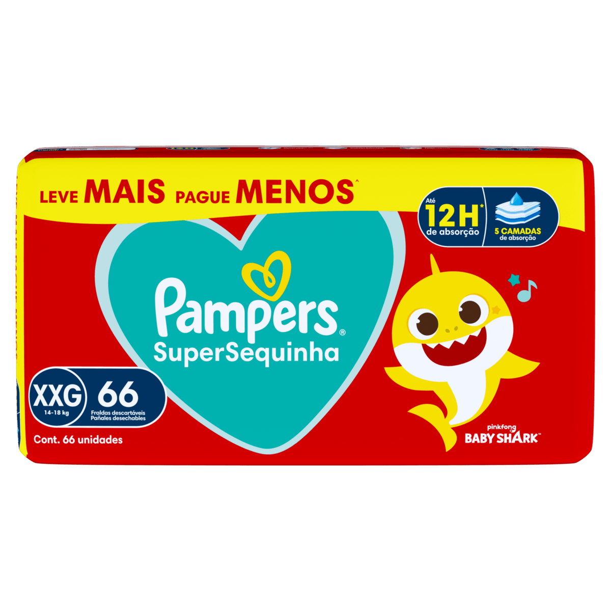 Fralda Pampers SuperSequinha Baby Shark XXG 66un
