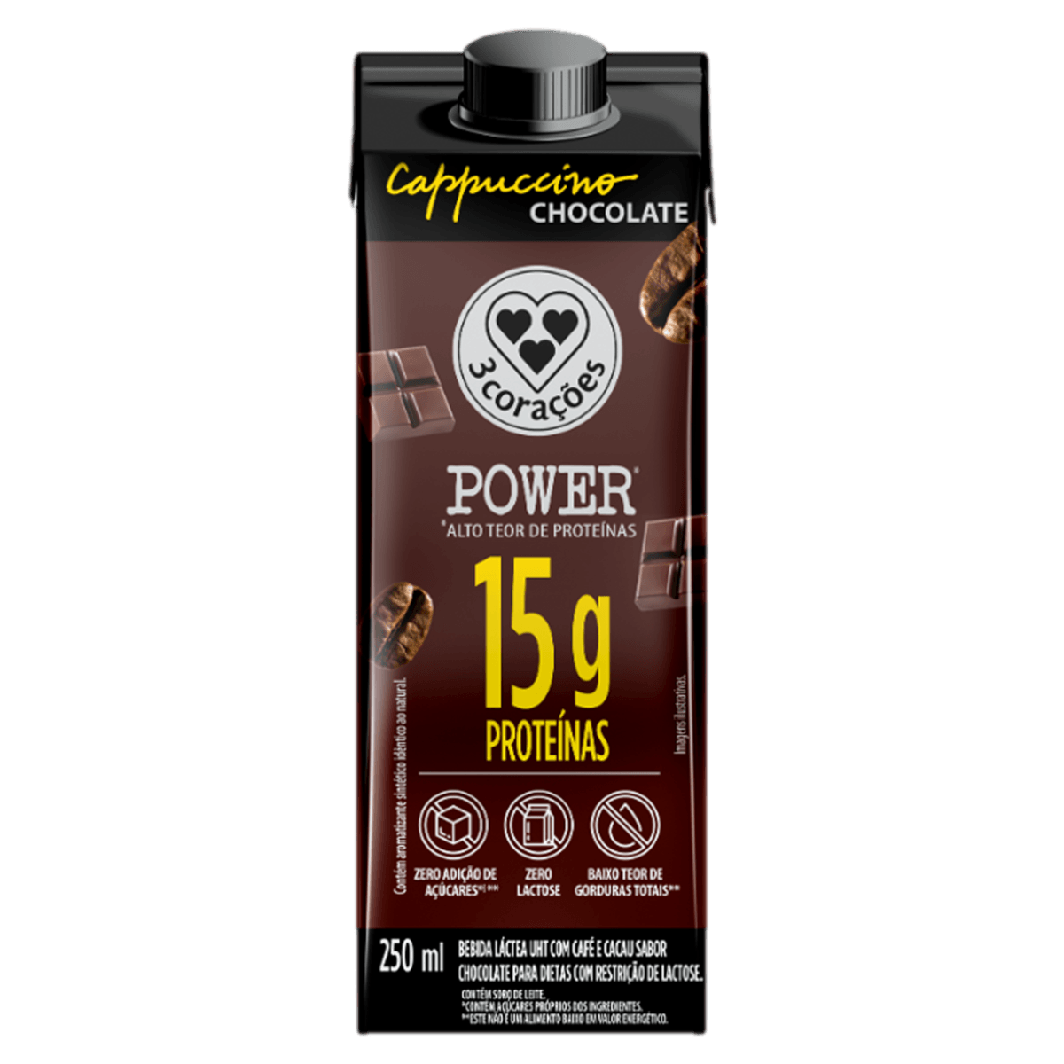 3 Corações Bebida Láctea Power Cappuccino Chocolate sem lactose 15g proteína 250ml