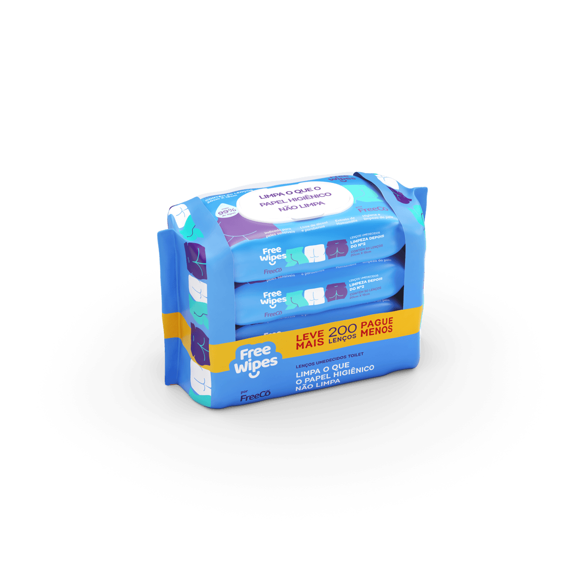Free Wipes Lenço Umedecido Adulto 99% Água com Hamamélis Sem Álcool 200 un