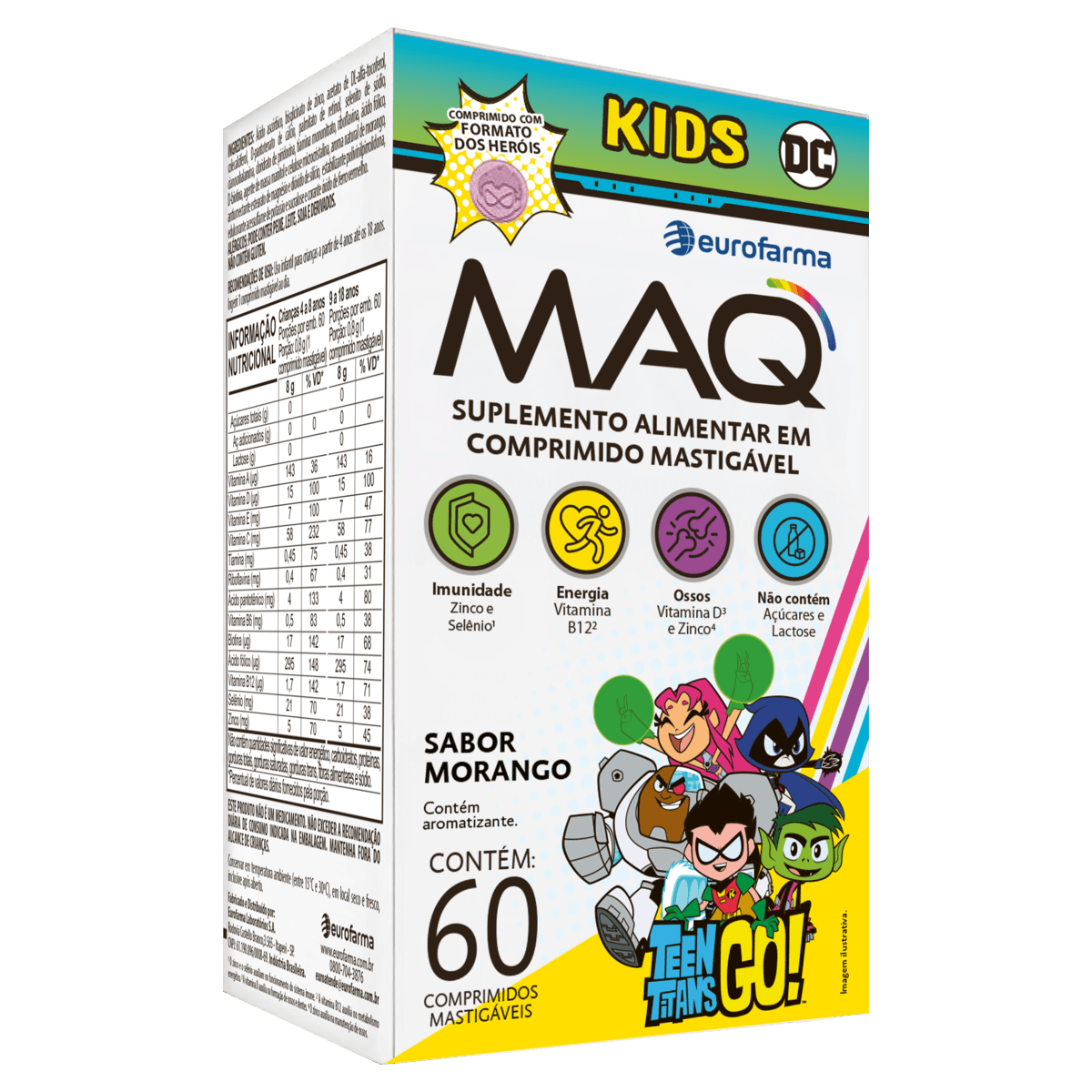 MAQ Suplemento Infantil Mastigável Morango 60cpr Zero Lactose Zero Açúcar 3+ anos