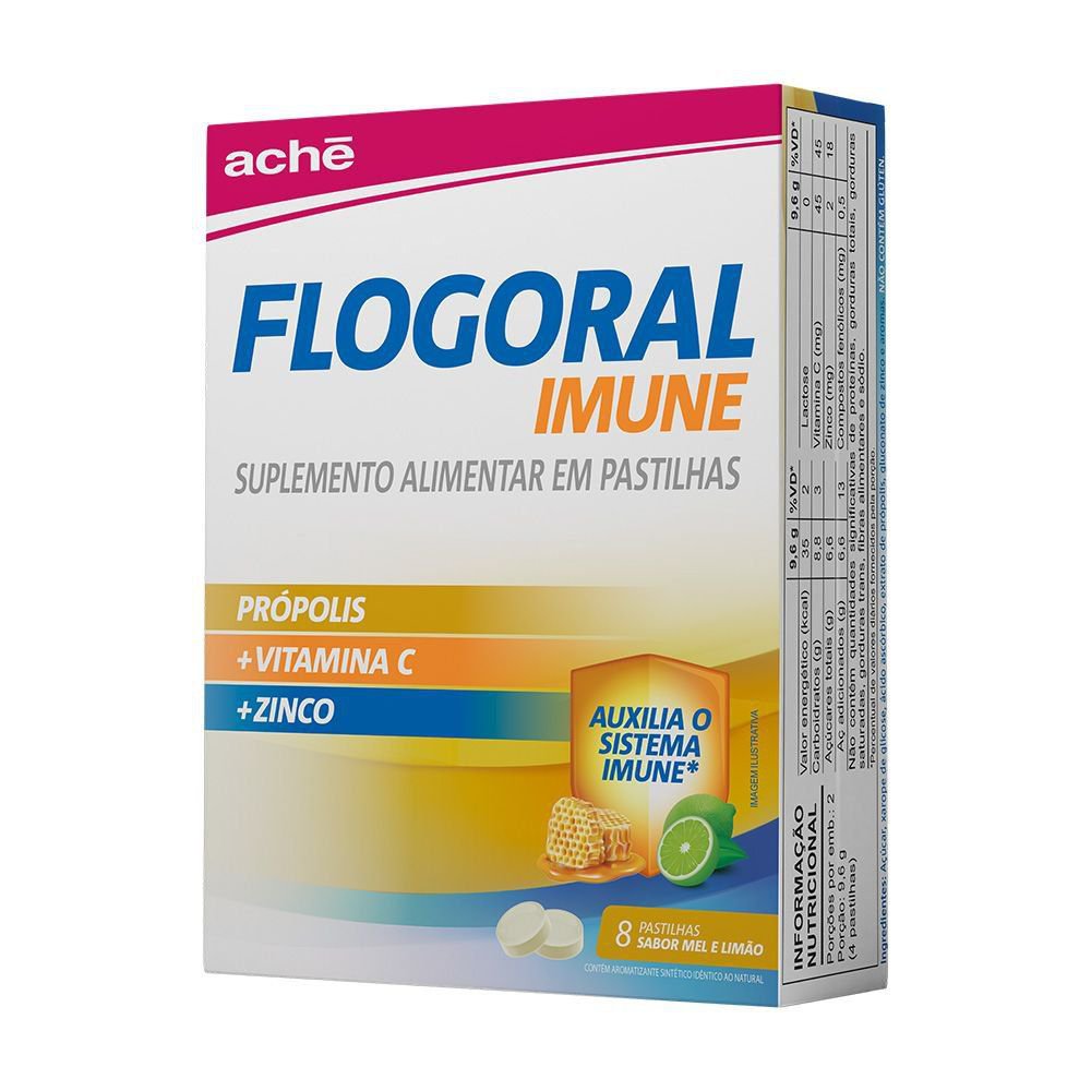 Flogoral Pastilha Imune Mel E Limão Aché - 8 Unidades - Suplemento Mel E Limão Flogoral Imune 20G - 8 Pastilhas