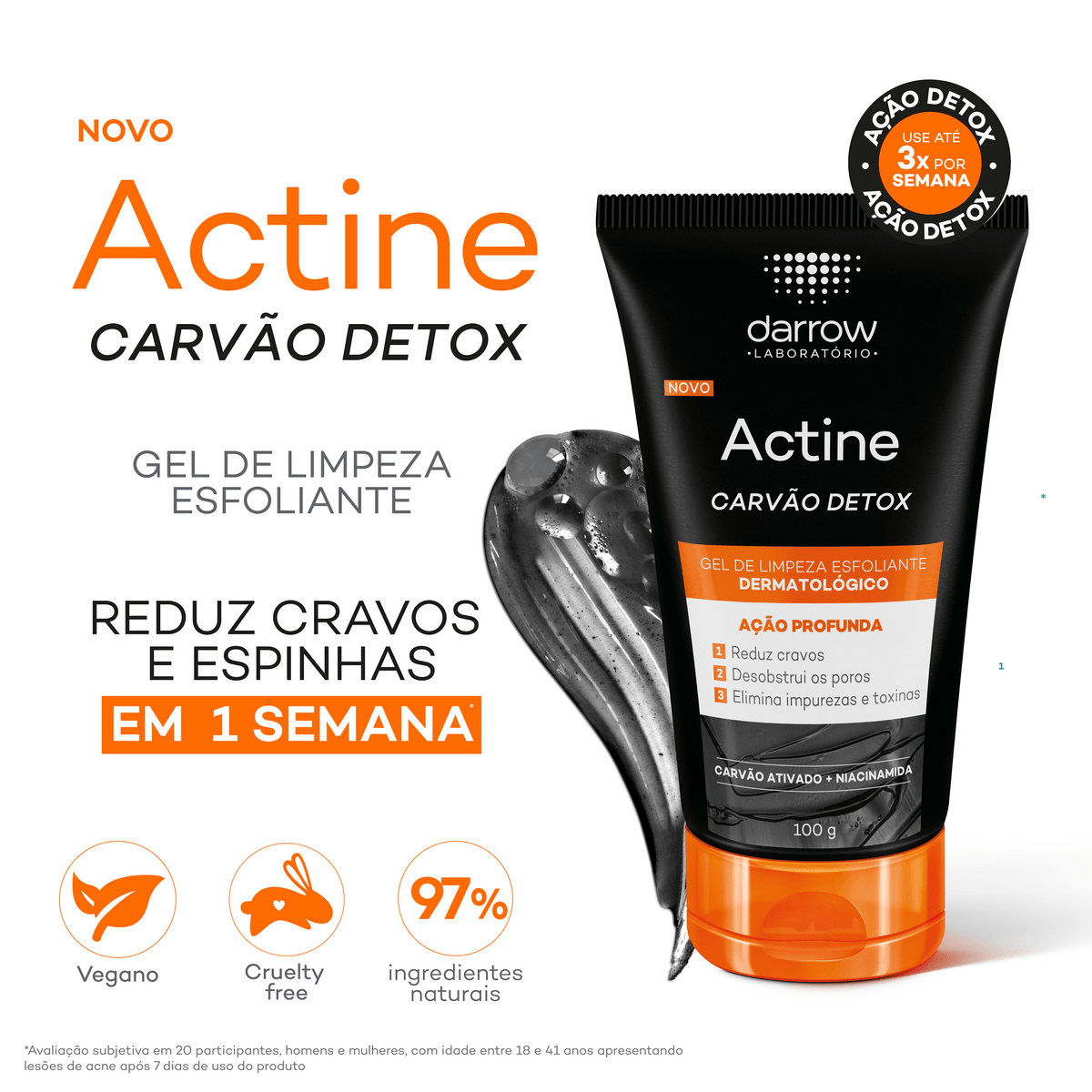 Gel de Limpeza Esfoliante Carvão Detox Actine - 100g - Imagem 3