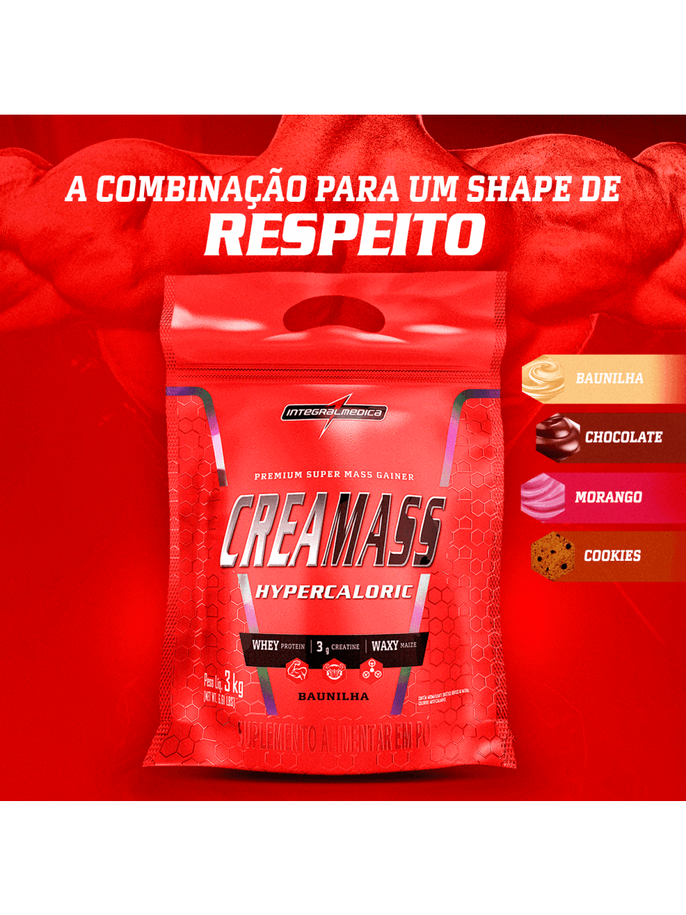 Creamass Hipercalorico com Creatina 3Kg Morango - Imagem 5
