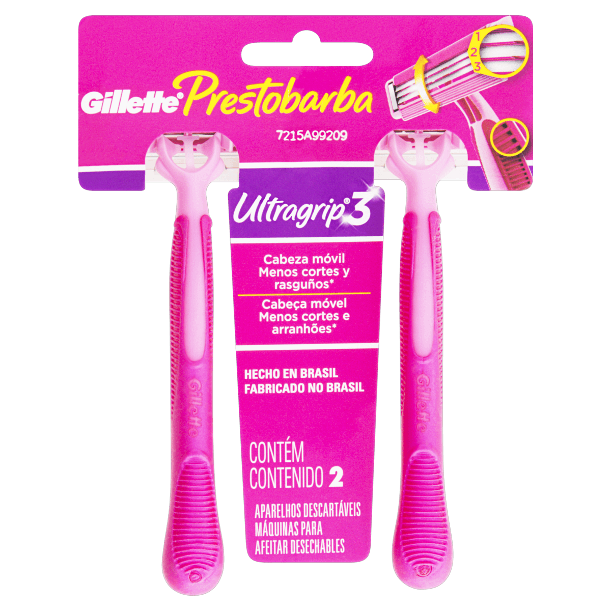 Aparelho de Barbear Descartável Feminino Prestobarba Ultragrip 3 Lâminas 2 un Gillette