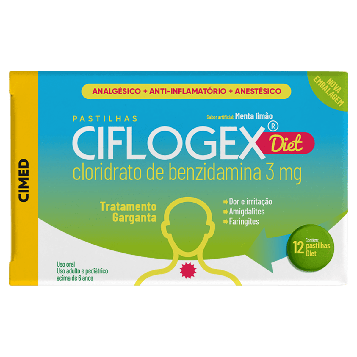 Pastilhas Para Garganta Ciflogex Diet - Menta/Limão - 12 Unidades