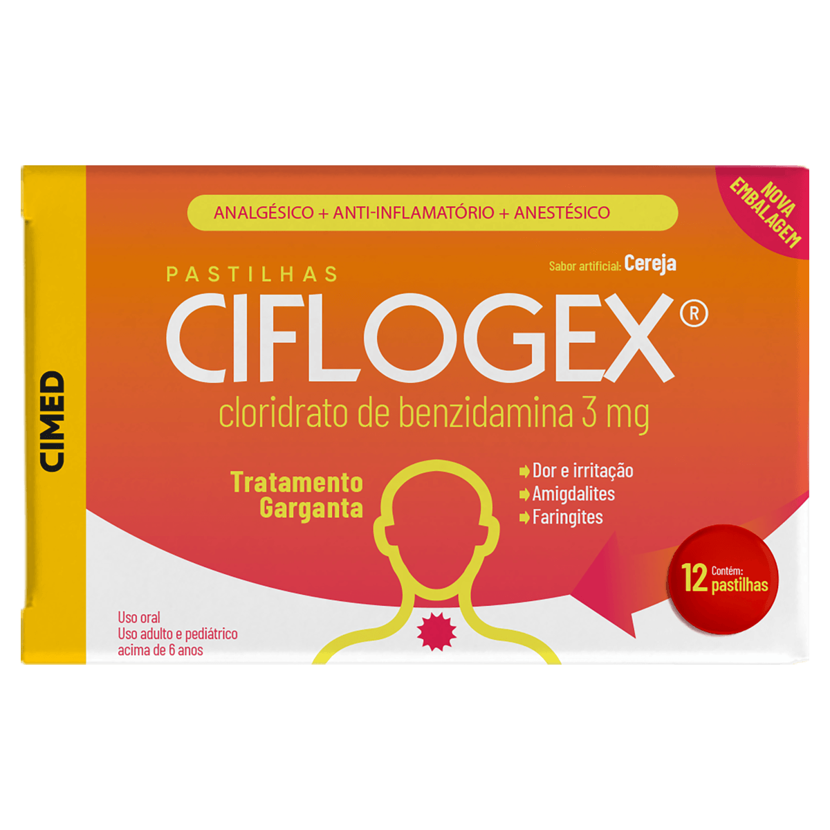Pastilhas Para Garganta Ciflogex - Cereja - 12 Unidades