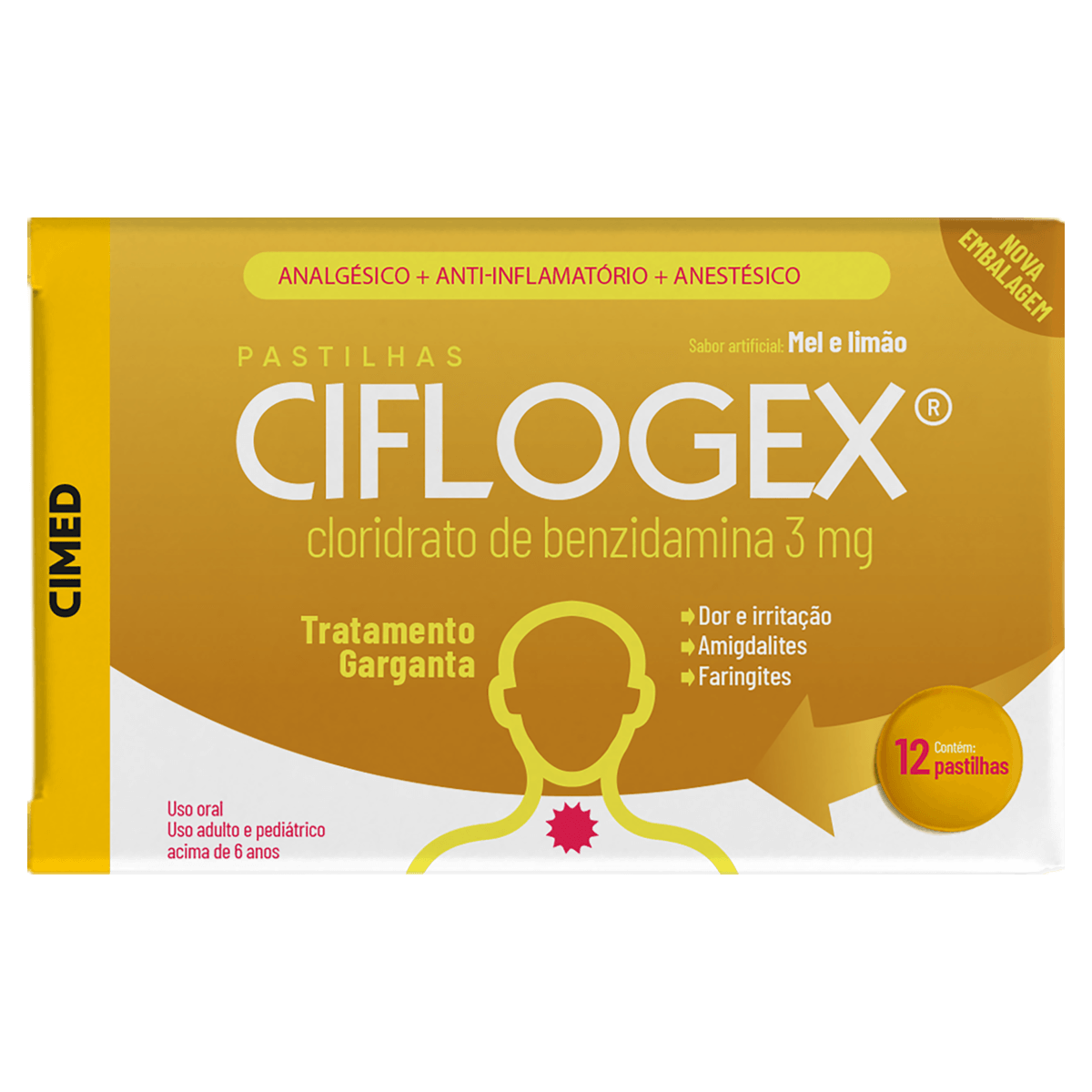 Pastilhas Para Garganta Ciflogex - Mel E Limão- 12 Unidades