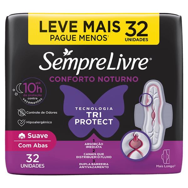 Absorvente noturno com abas Adapt Plus Noite e Dia 32 unid Cobertura Suave Sempre Livre Absorvente com Abas Suave Sempre Livre Conforto Noturno Pacote 32 Unidades Leve Mais Pague Menos
