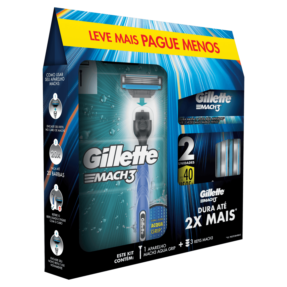 Aparelho Recarregável Mach3 Acqua Grip Kit 1+3 Cargas 3 Lâminas Gillette