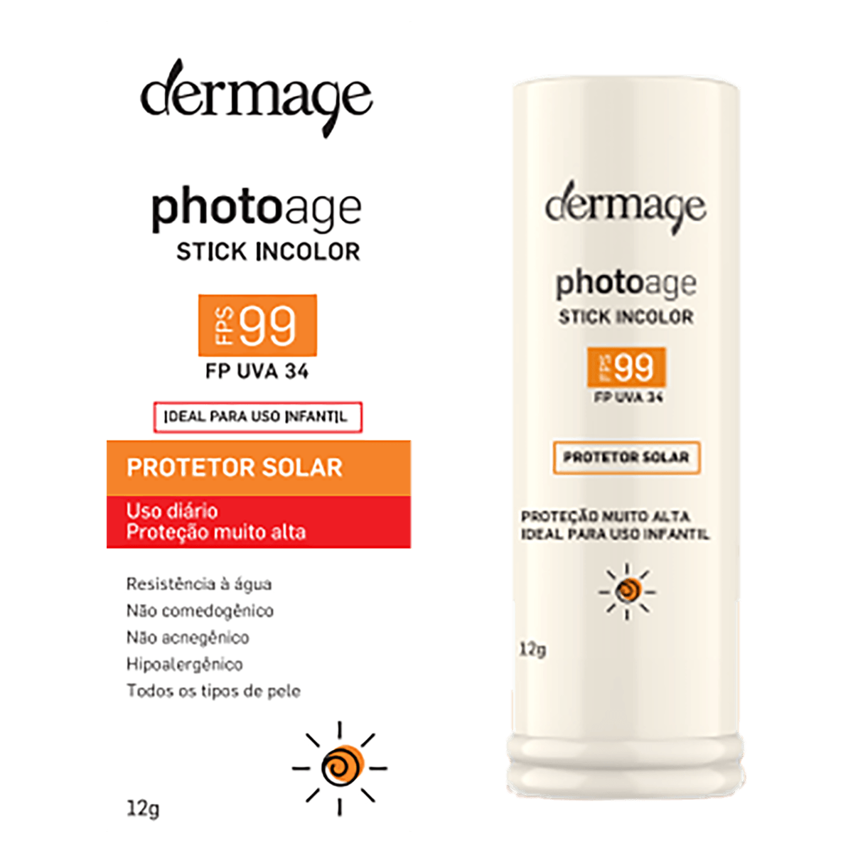 Protetor Solar Infantil Stick Incolor FPS 99 Dermage 12g