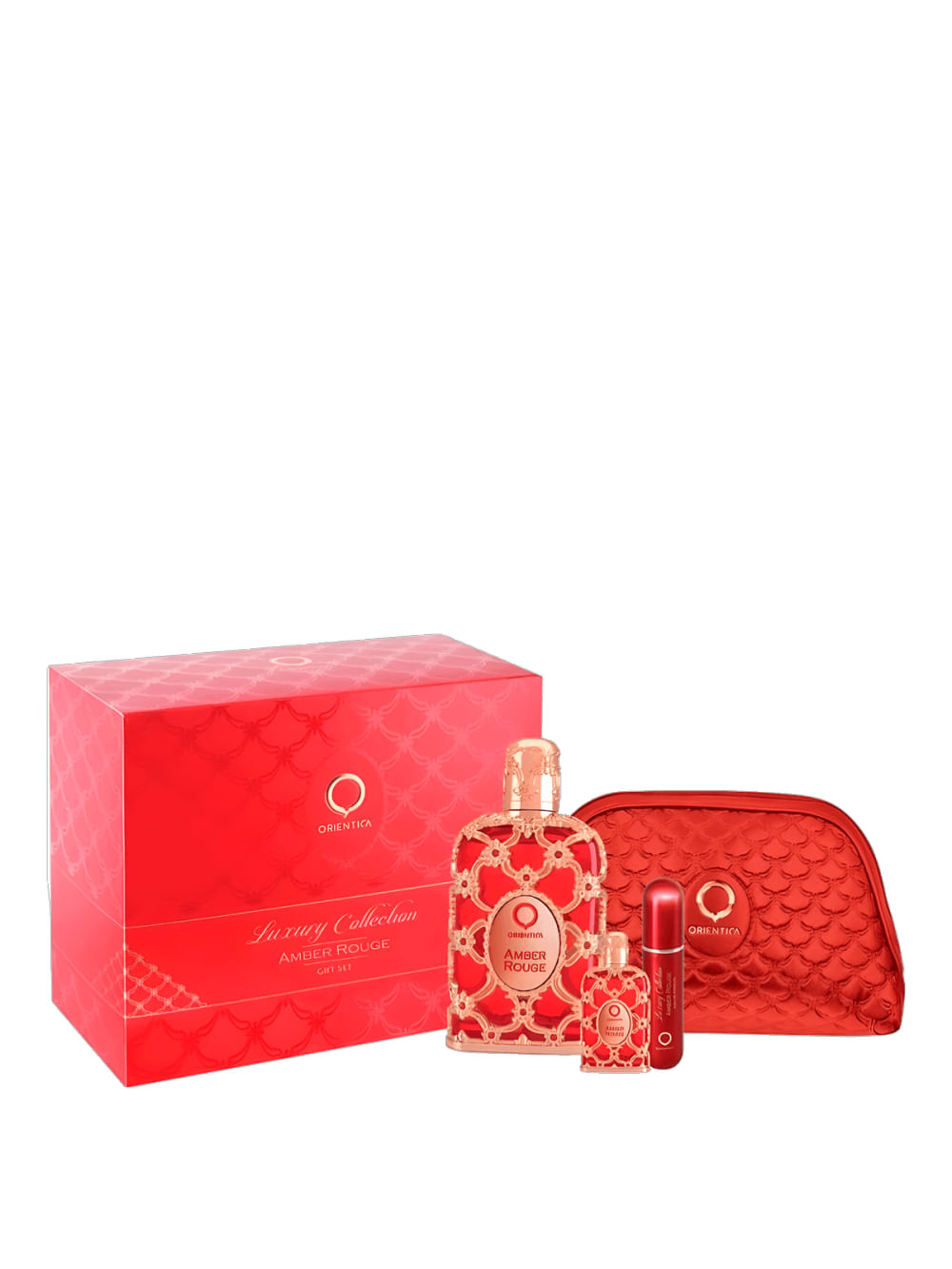 Kit Perfume Orientica Amber Rouge Unissex EDP 80ml + 7,5ml + Atomizer + Necessaire