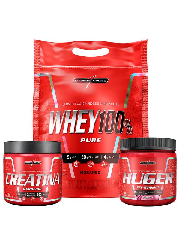 Kit Whey 900g Morango Creatina 300g Huger 320g Integralmedica