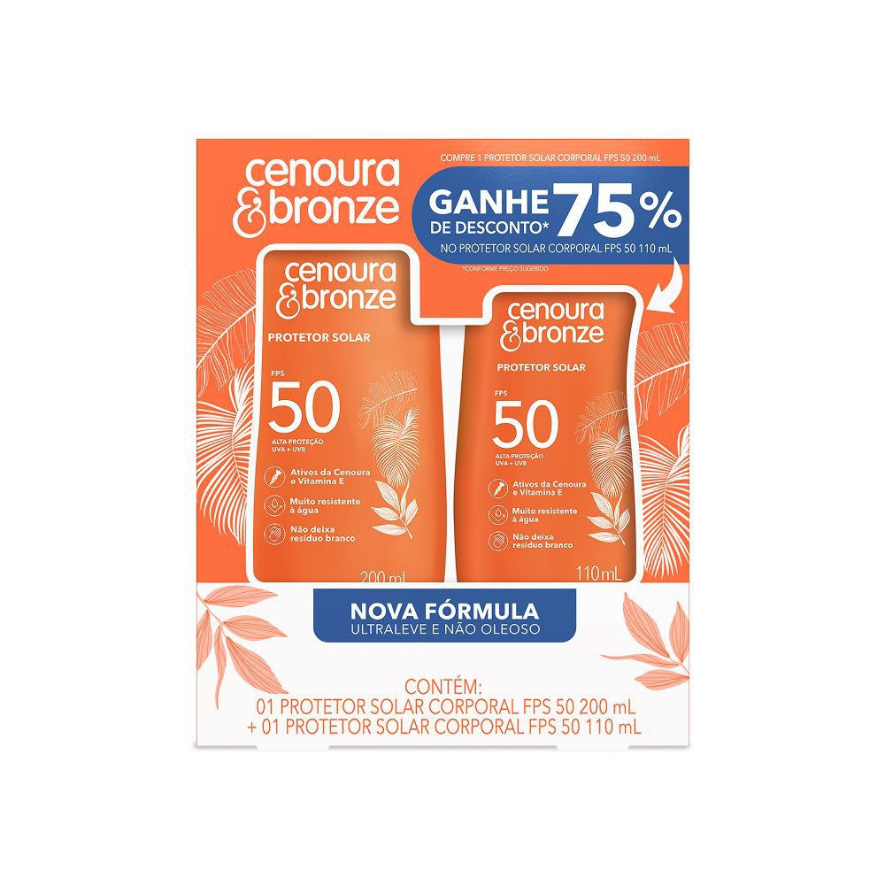 Cenoura Bronze Protetor Solar Corporal FPS 50 Loção 200+110ml Ultraleve Resistente à água
