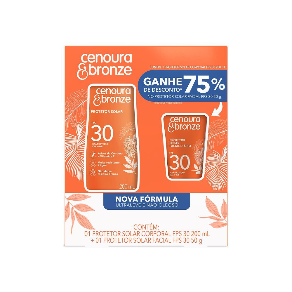 Cenoura Bronze Kit Protetor Solar Toque Seco FPS 30 200ml + Facial 50g Hidratante UVA/UVB