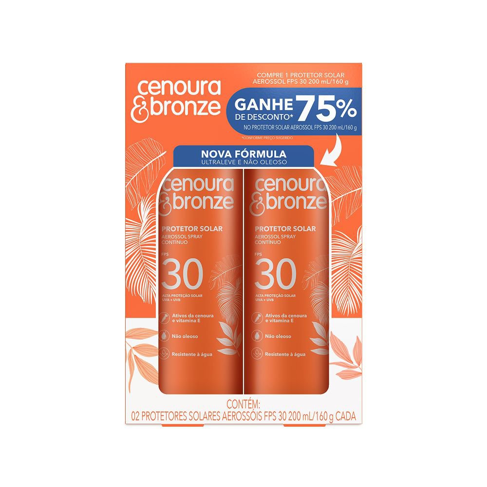 Cenoura & Bronze Protetor Solar Aerosol FPS 30 Kit 2x200ml Corpo UVA/UVB Toque Seco